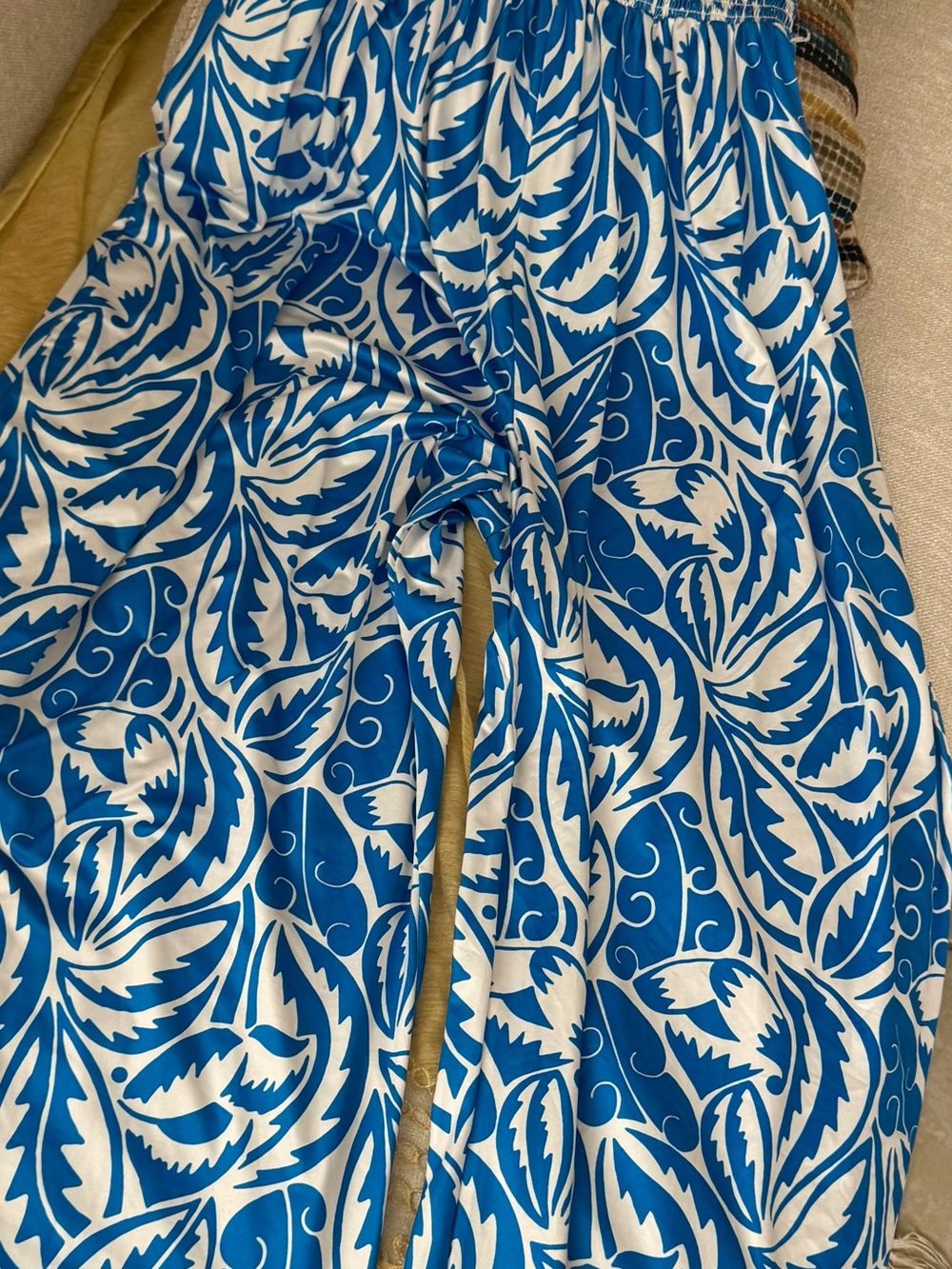 Fashion Nova Blue & White Printed Wide-Leg Jumpsuit